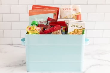 care package in blue bin.