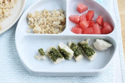 healthy chicken and brown rice on kids plate