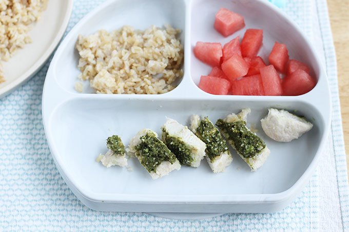 healthy chicken and brown rice on kids plate