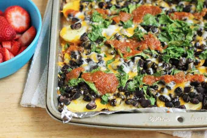 healthy loaded potato nachos on sheet pan