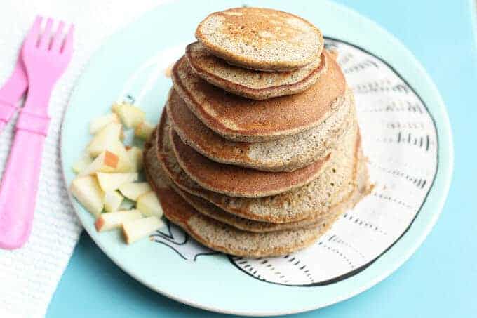 applesauce pancakes stack on blue plate