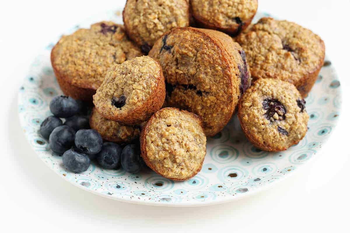 blueberry banana muffins on polka dot plate
