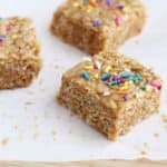 peanut butter rice krispies treats on parchment