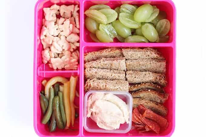 hummus lunch with dippers in pink box