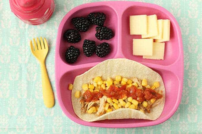 toddler meal idea quick chicken tacos on pink plate