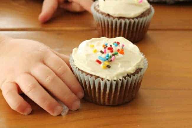 toddler hand and chocolate cupcake