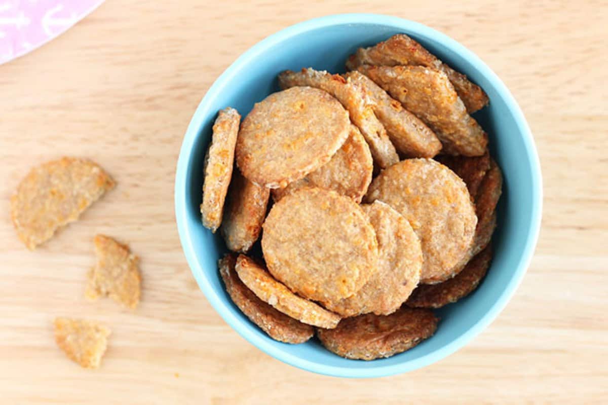 homemade cheese crackers in blue bowl