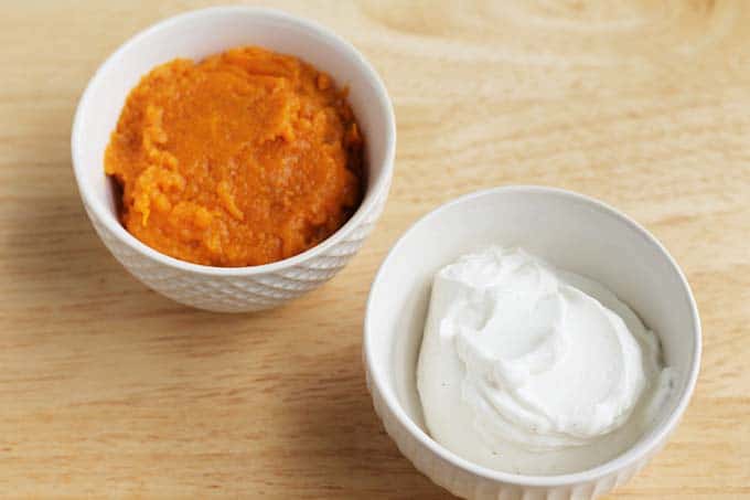 ingredients in healthy sweet potato pudding in white bowls