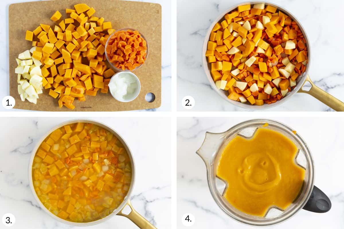 how to make butternut squash apple soup in grid of 4 images.