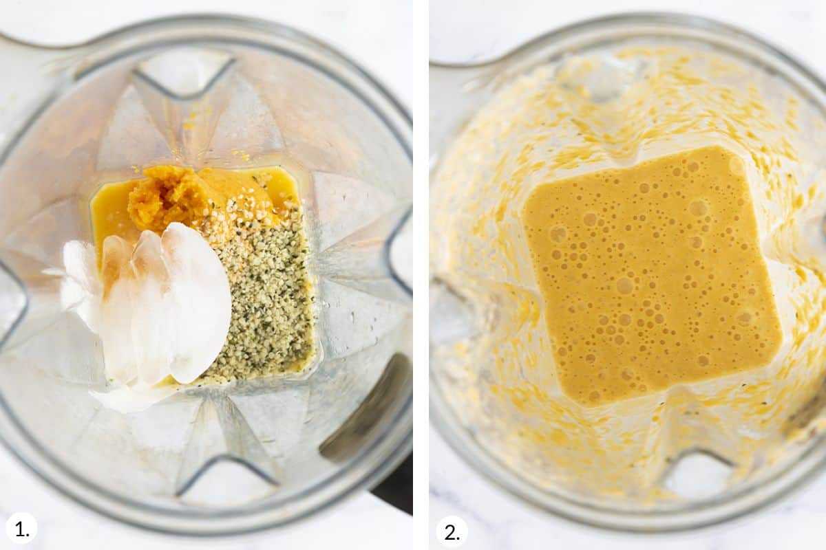 how to make sweet potato smoothie in grid of 2 images.