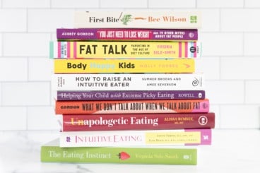Stack of picky eating books on countertop.