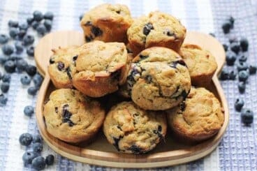 blueberry-zucchini-muffins-on-wooden-plate