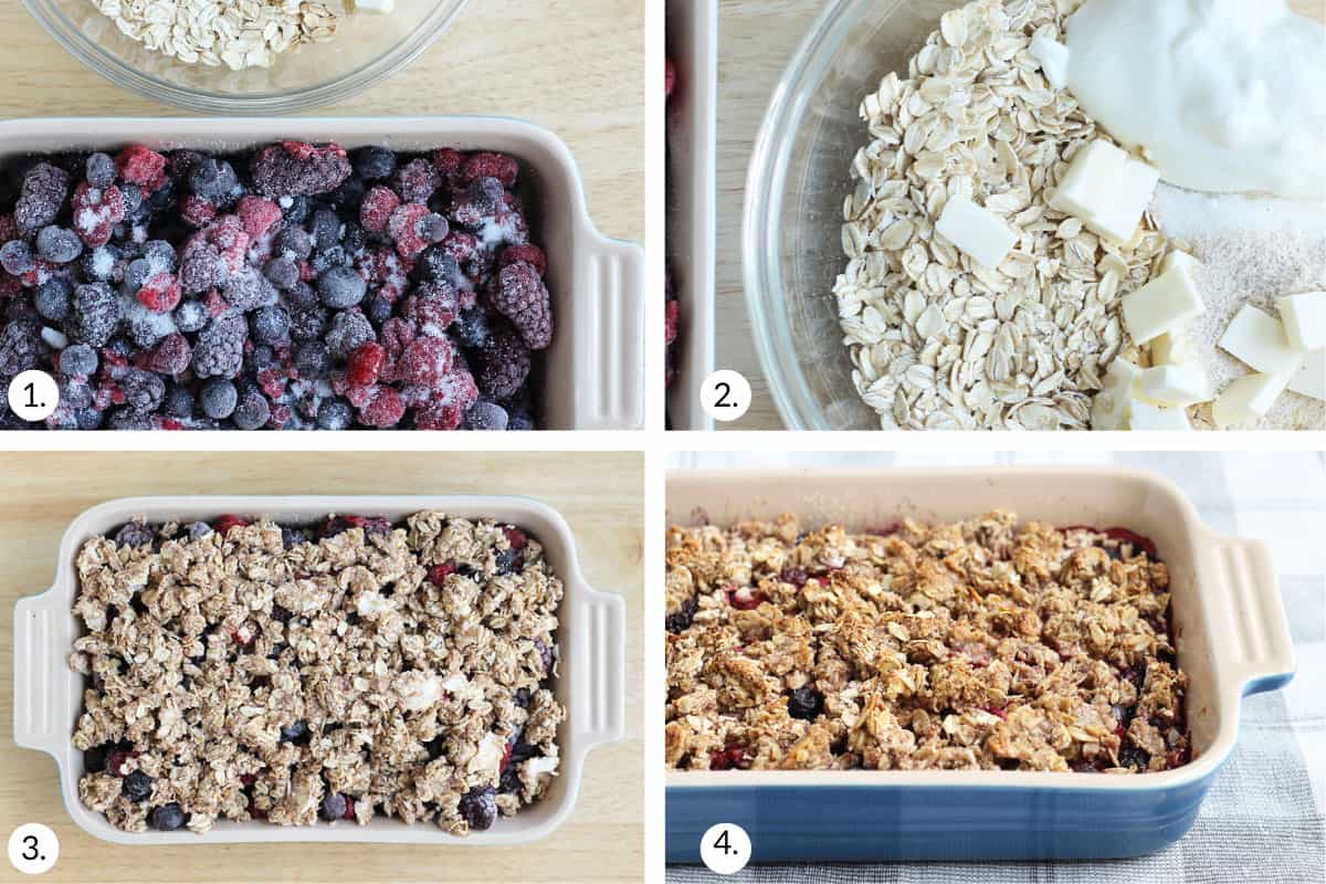 how to make easy berry crisp in grid of four images.