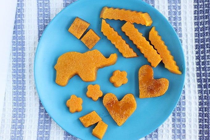 roasted butternut squash on kids plate in shapes