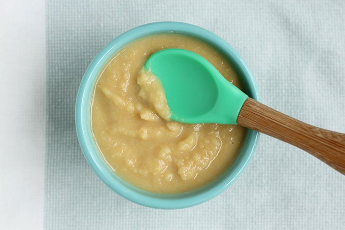 mashed bean puree in blue bowl
