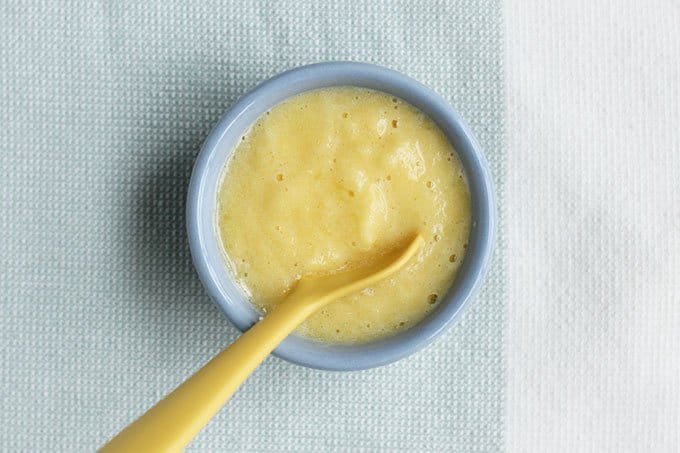 pineapple puree in blue bowl