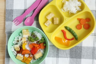 stir fry for kids on yellow plate and green bowl