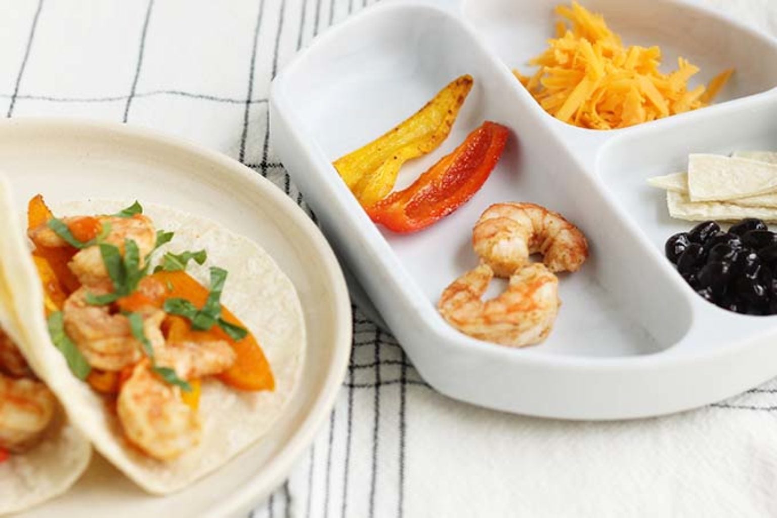 shrimp fajitas for kids and parents on plates
