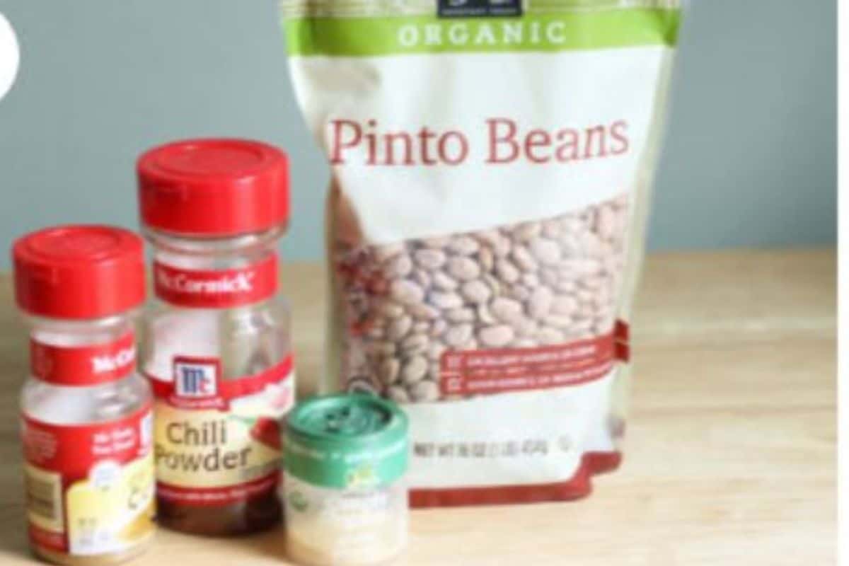Ingredients for pinto beans on countertop. 