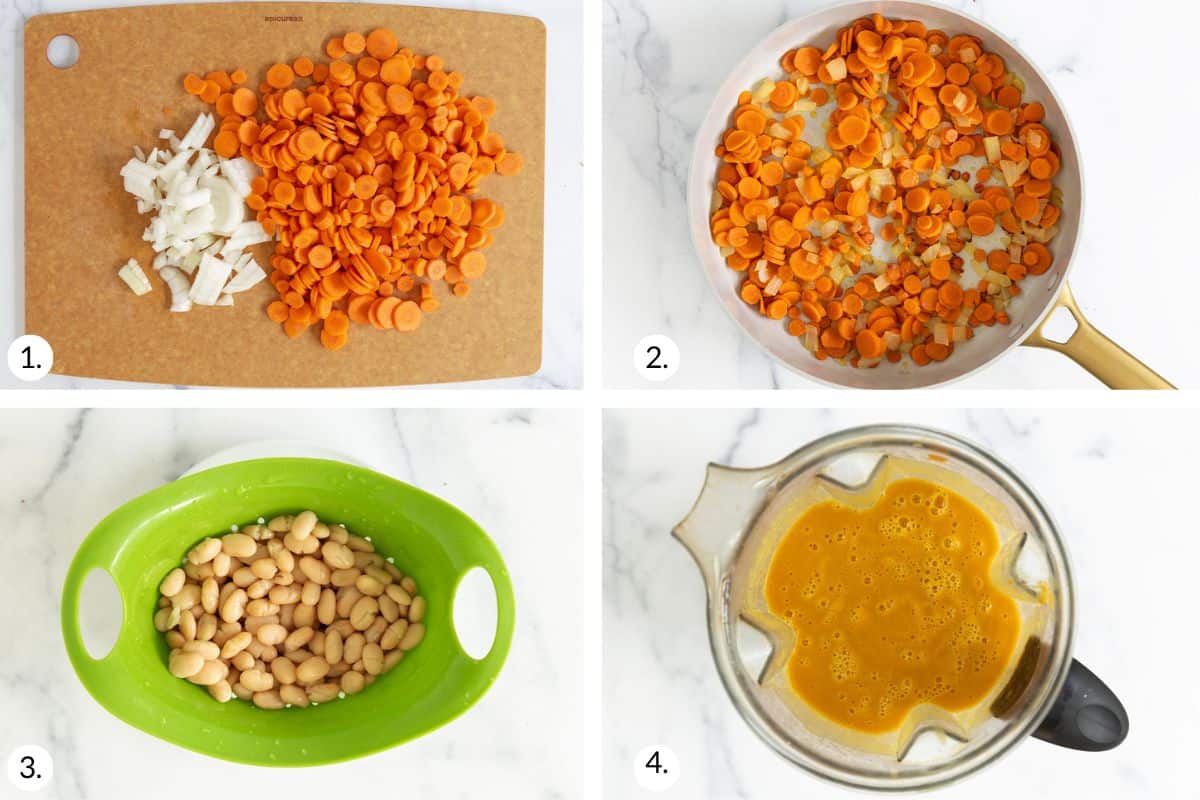 how to make creamy carrot soup in grid of images.