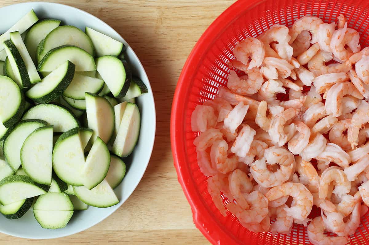 ingredients in teriyaki shrimp stir fry.
