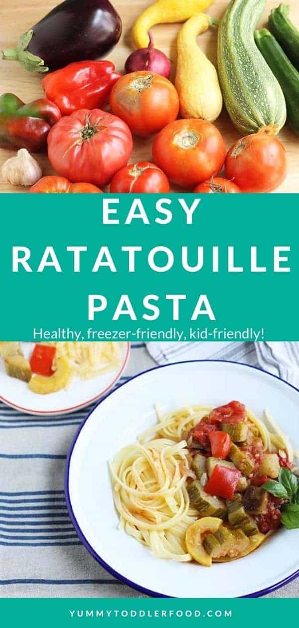 ratatouille pasta in white bowl with kids plates.