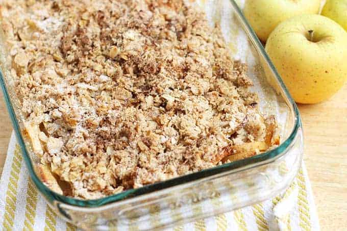 gluten free apple crisp in glass baking dish