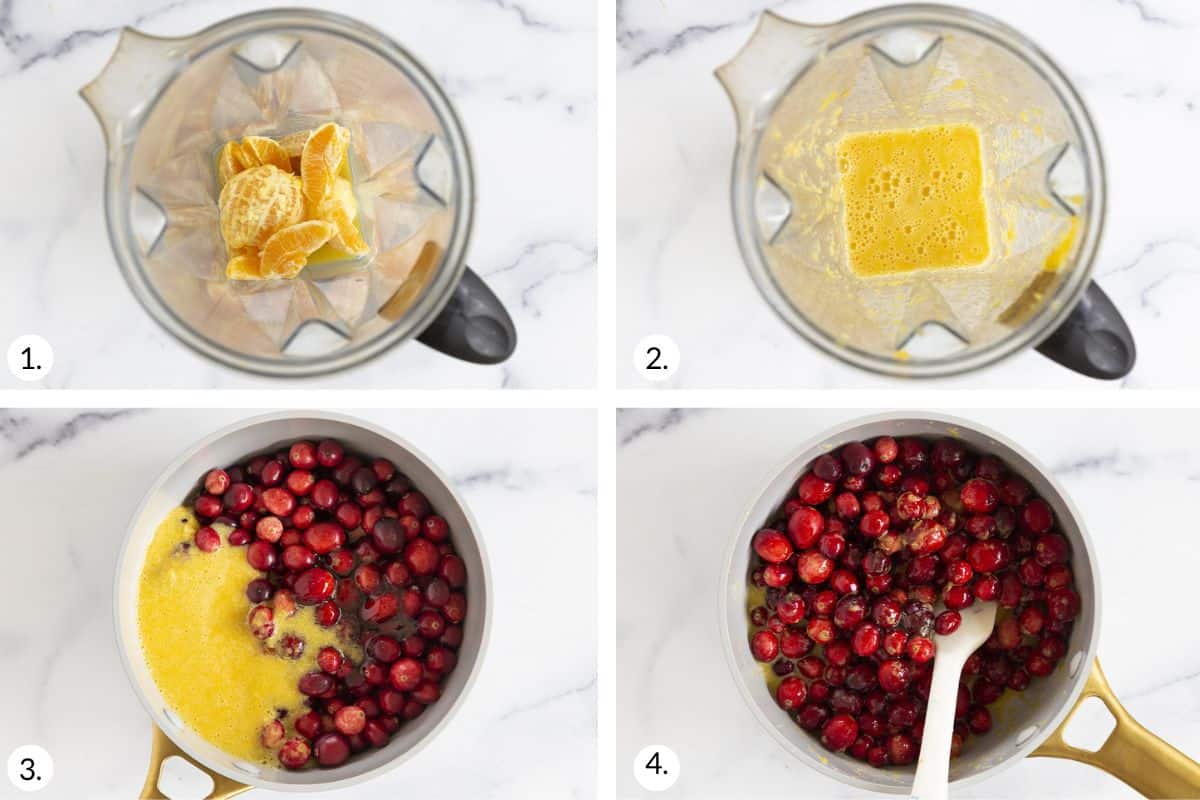 how to make cranberry orange sauce in grid of 4 images.