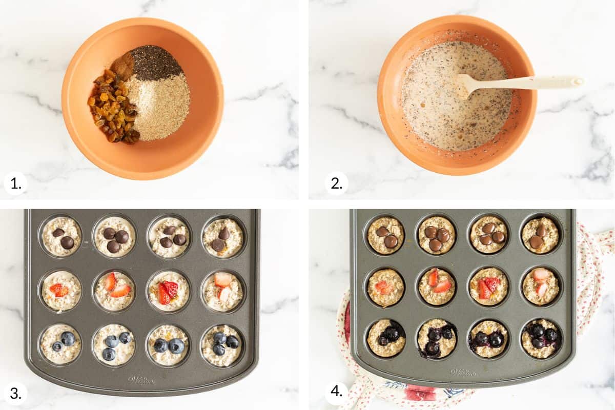 how to make baked oatmeal cups in grid of images. 