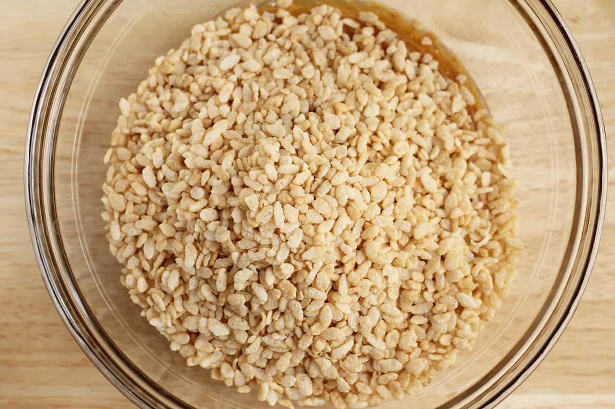 Crispy rice cereal added to the peanut butter mixture.