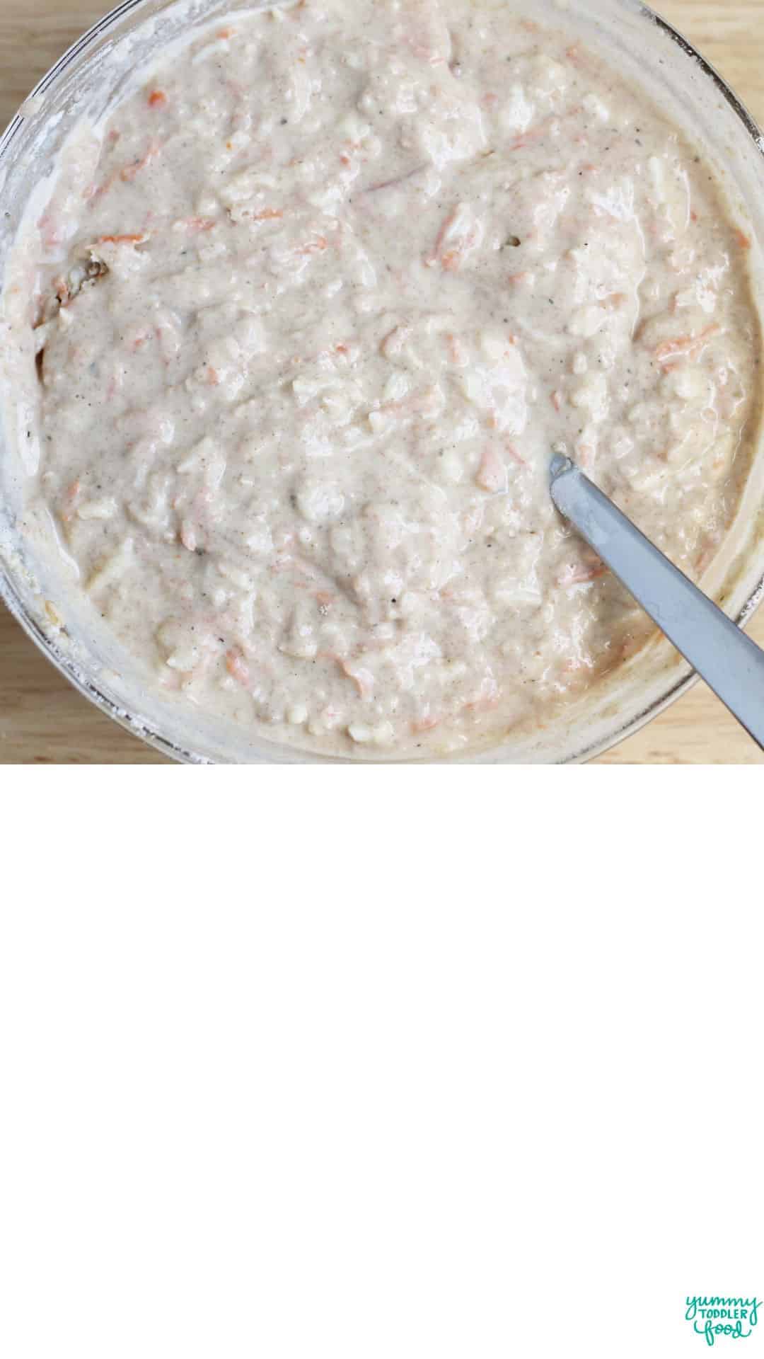 batter for pizza muffins with pepperoni in muffin pan.