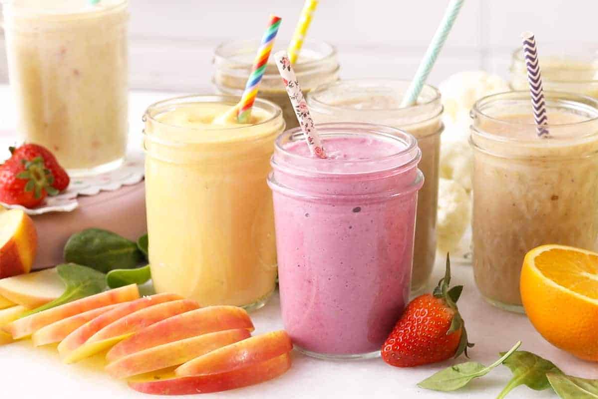 toddler smoothies in jars with produce