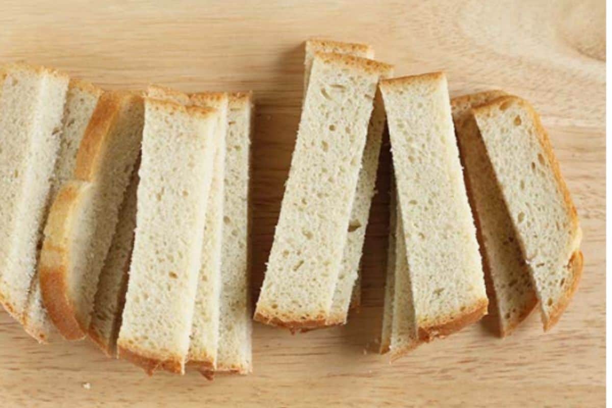 Bread cut into sticks for baked french toast sticks. 