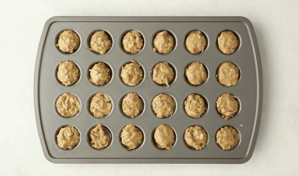 Zucchini carrot muffins in muffin pan before baking.