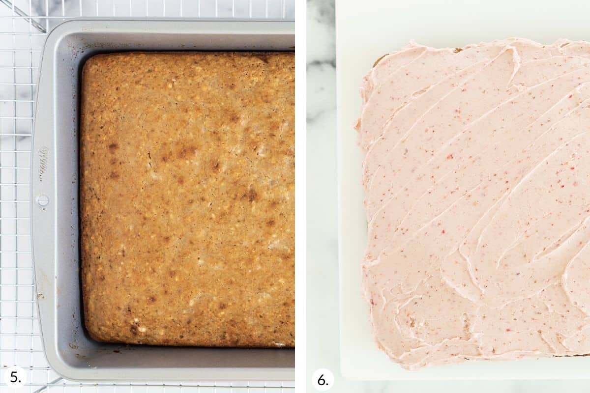 how to make fresh strawberry sheet cake in grid of images.