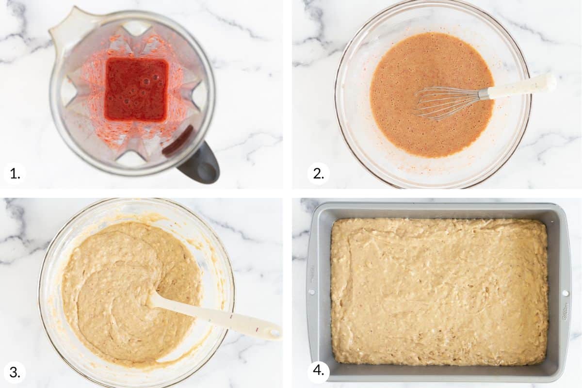 how to make fresh strawberry sheet cake in grid of images.