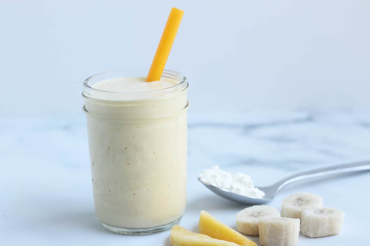 peach cottage cheese smoothie with straw