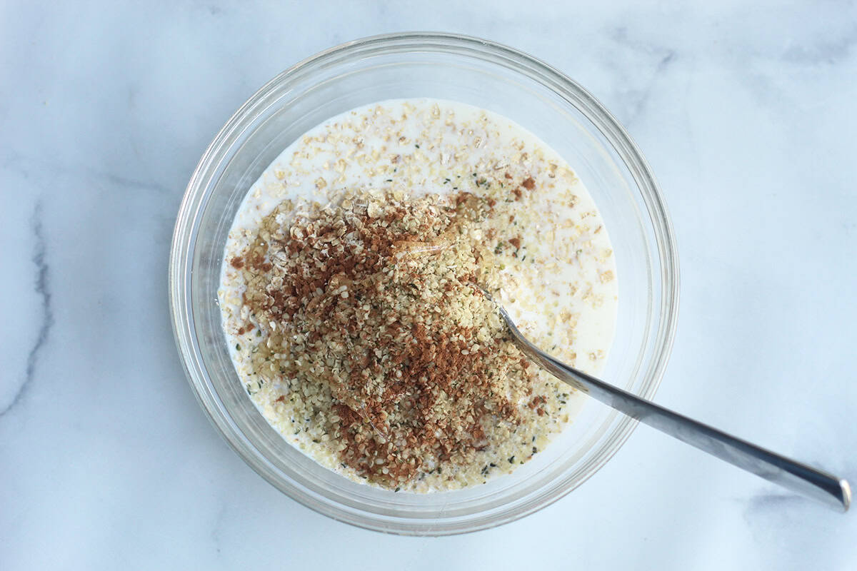 ingredients for overnight oats with yogurt in bowl.