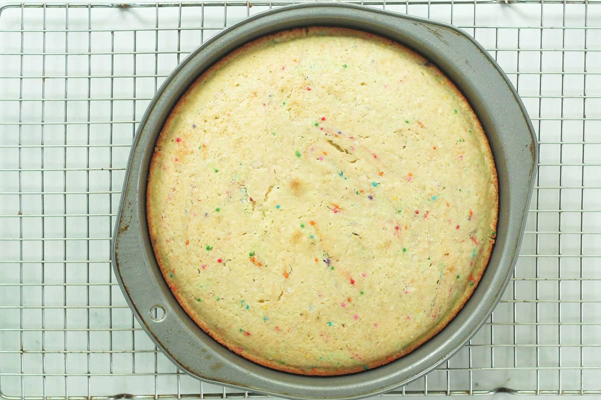 baked rainbow cake in metal pan.