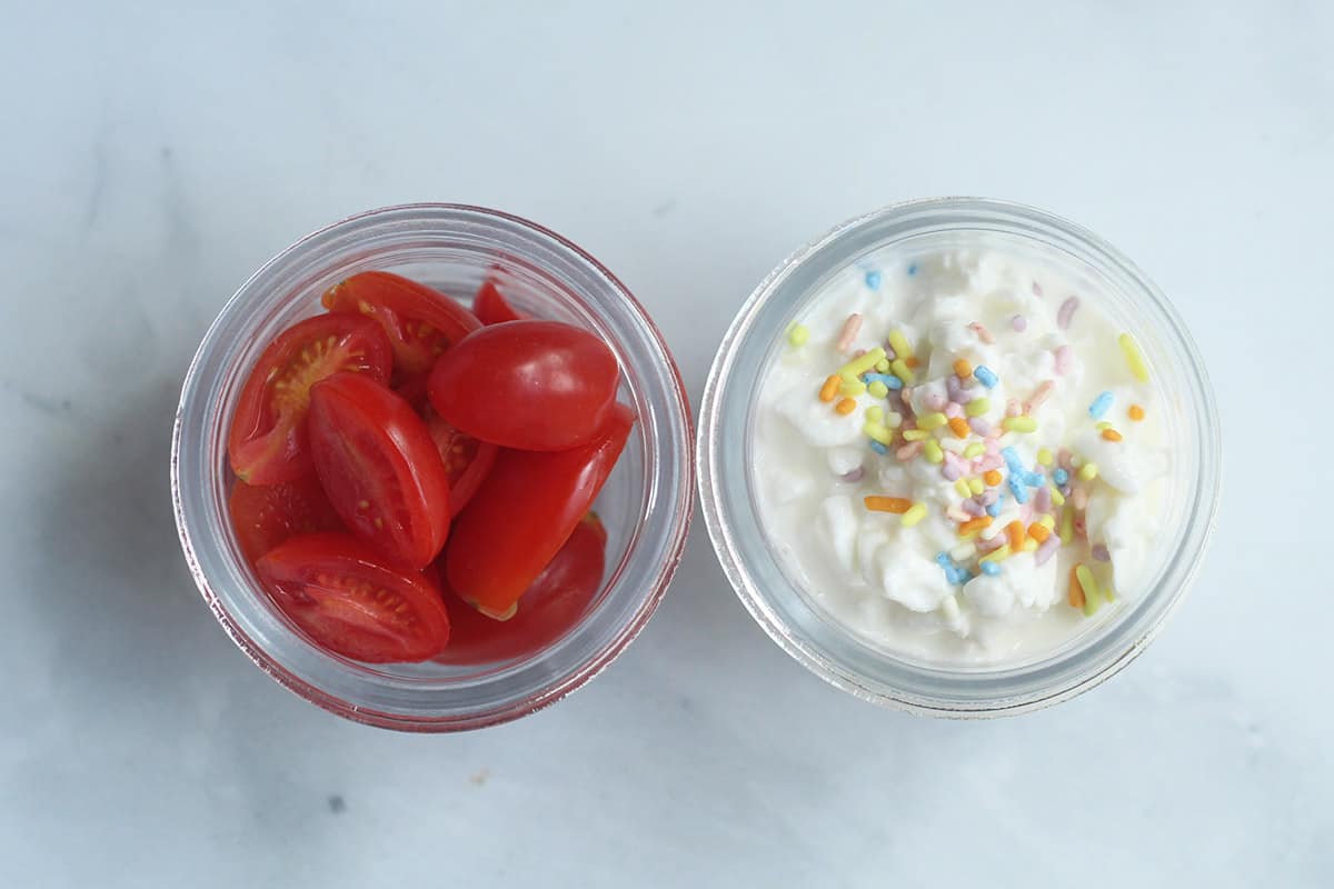 cottage cheese and tomatoes in containers