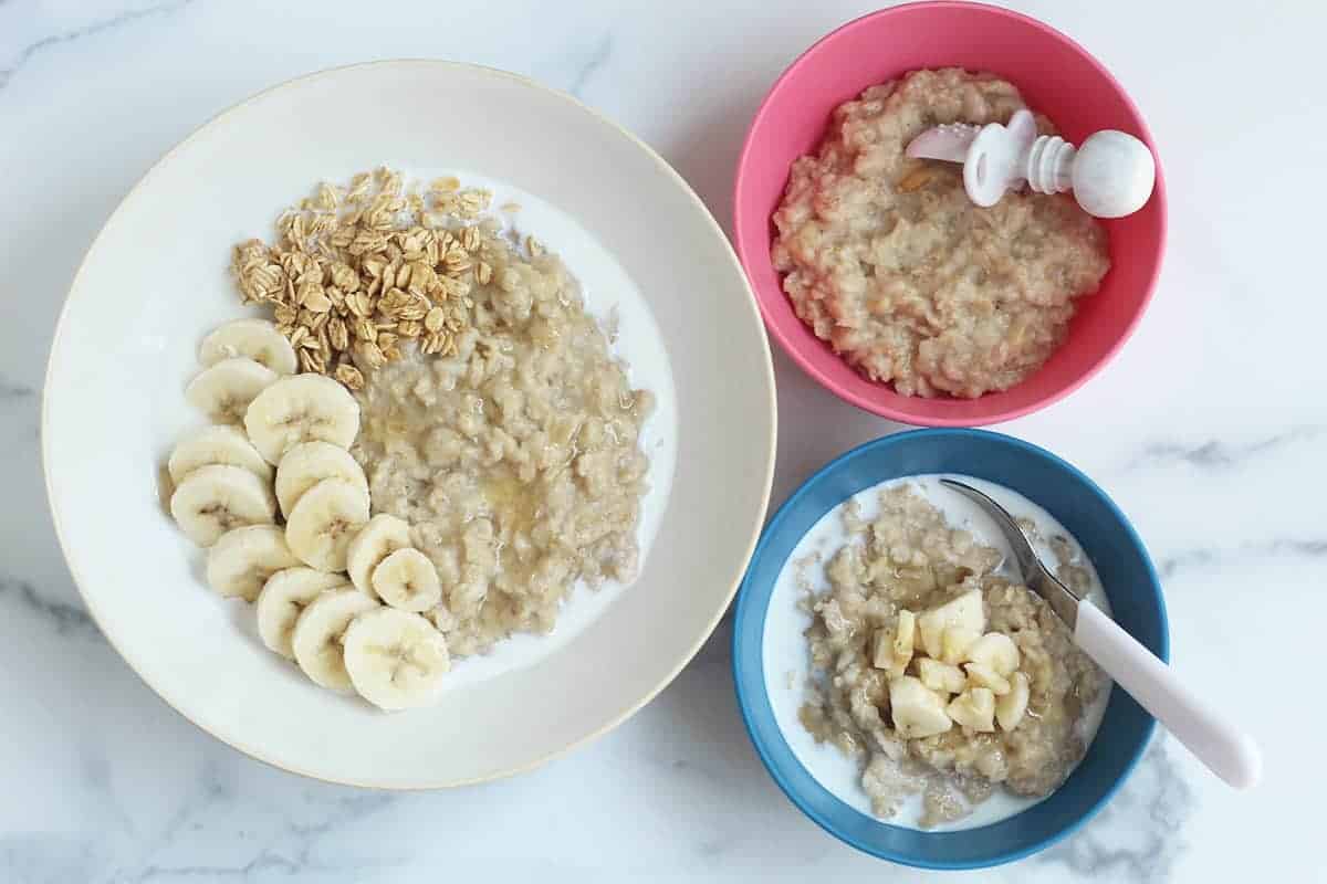 banana bread oatmeal in three bowls