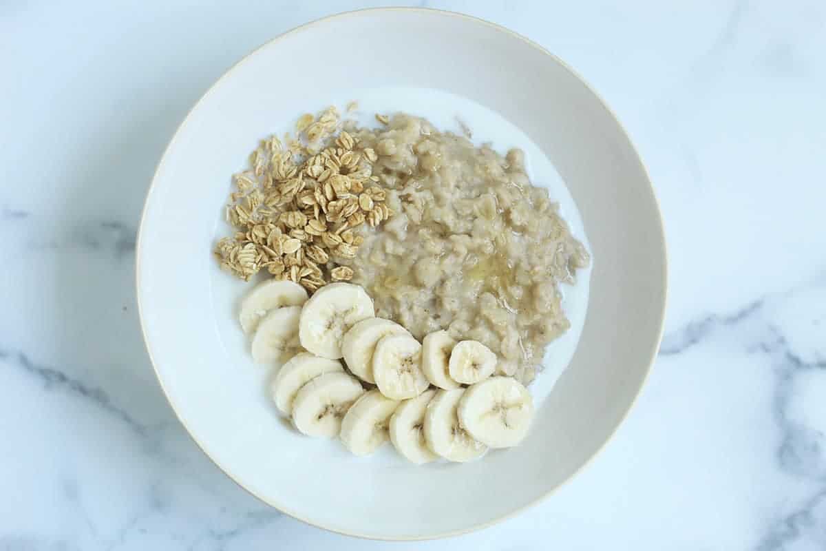 banana bread oatmeal in white bowl