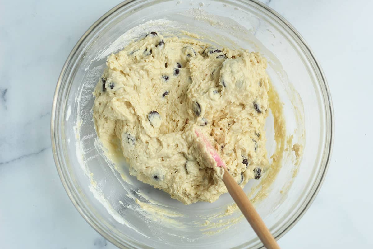 batter for healthy chocolate chip muffins in glass bowl.