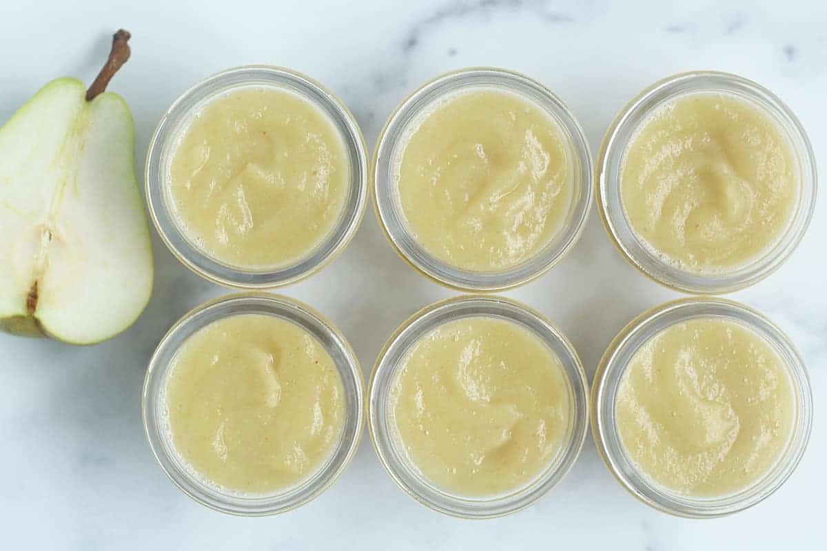 pear sauce in containers on countertop