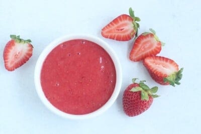 strawberry puree in white bowl