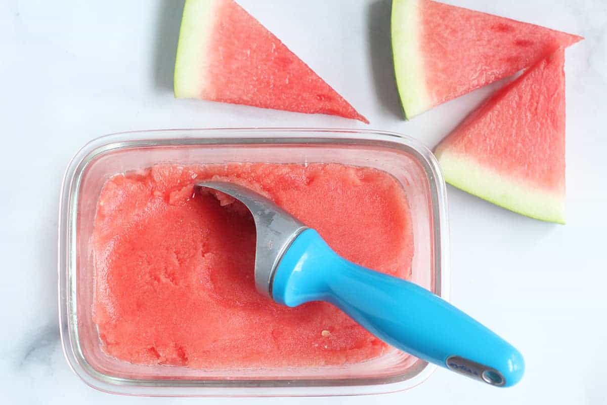 watermelon sorbet in freezer container