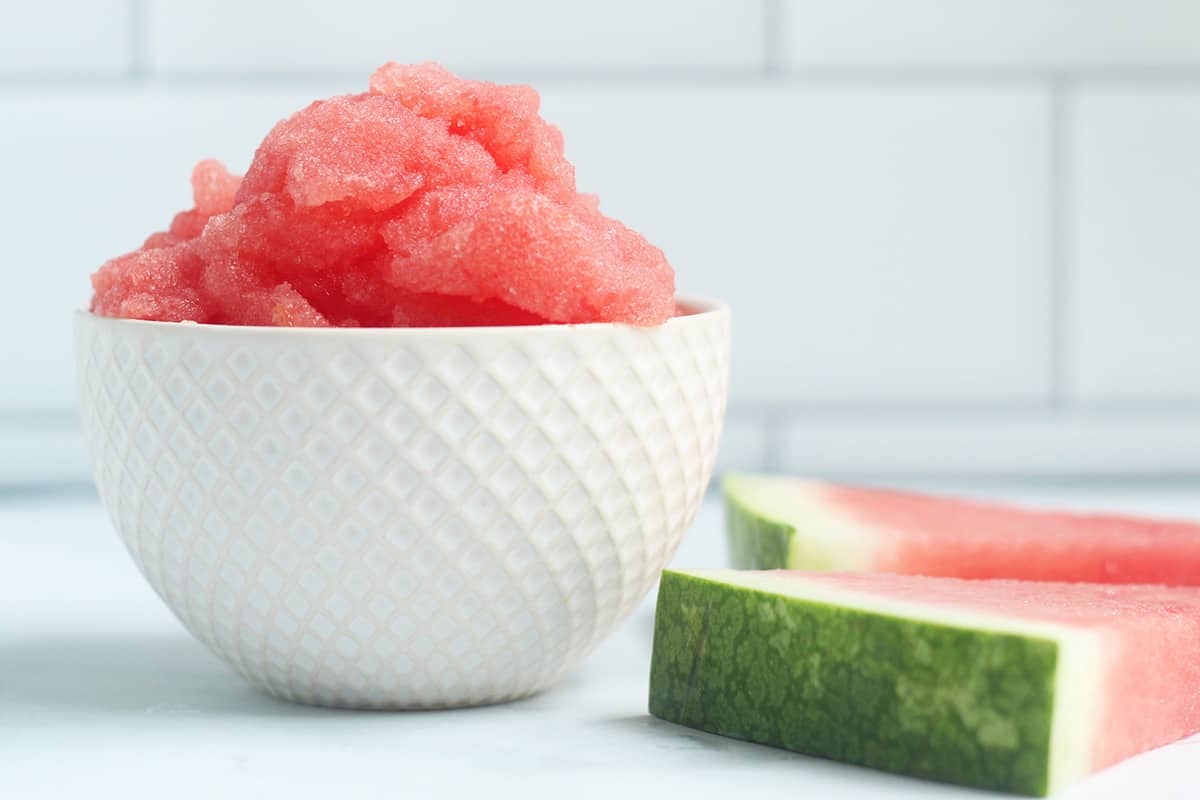watermelon sorbet in white bowl