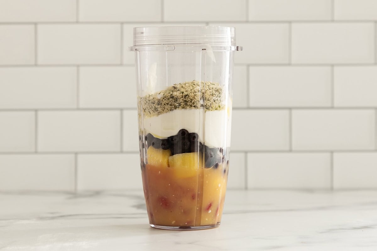ingredients for pregnancy smoothie in blender.