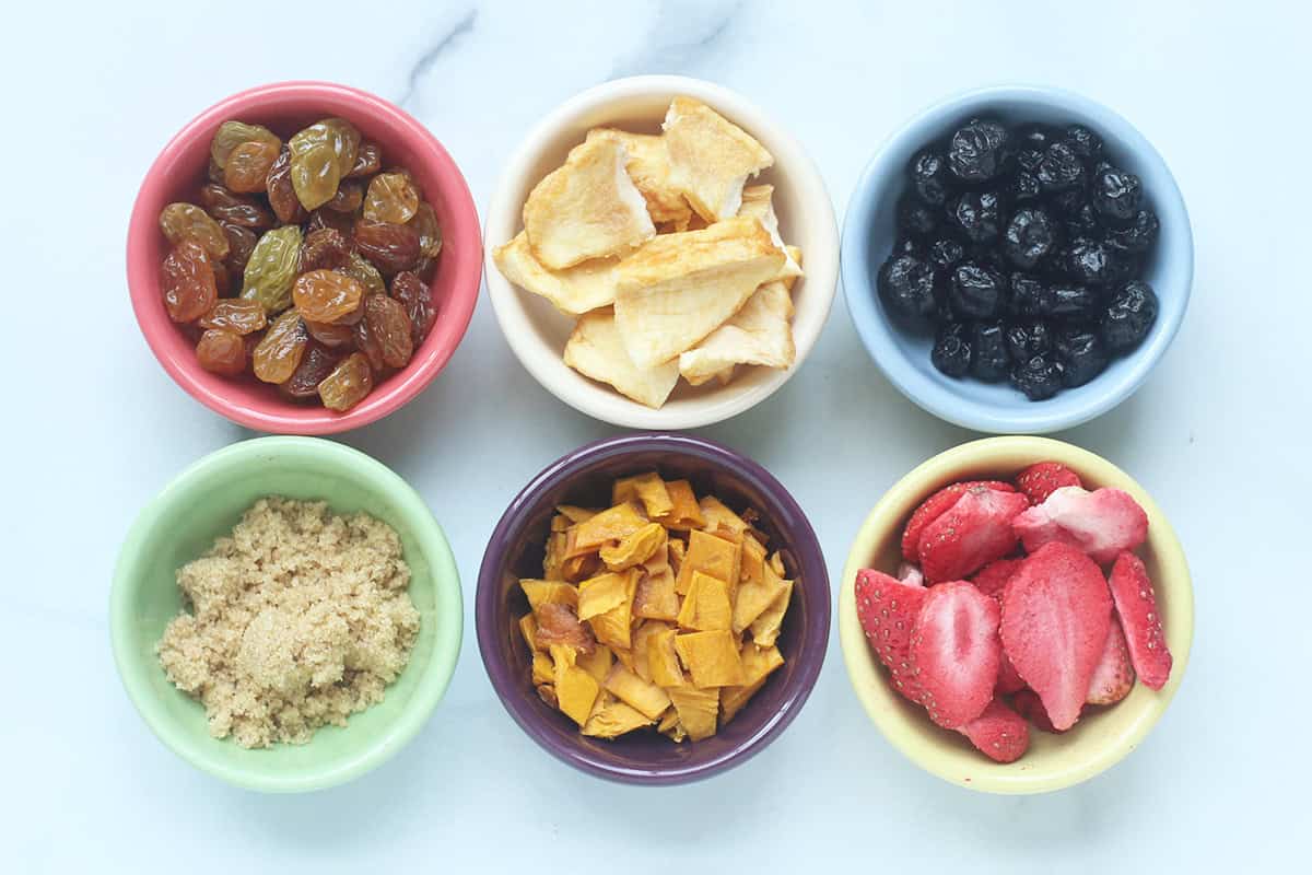 fruit for instant oatmeal in bowls.