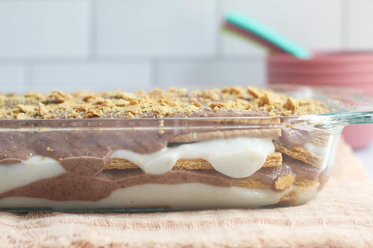 ice box cake in pyrex with graham crackers